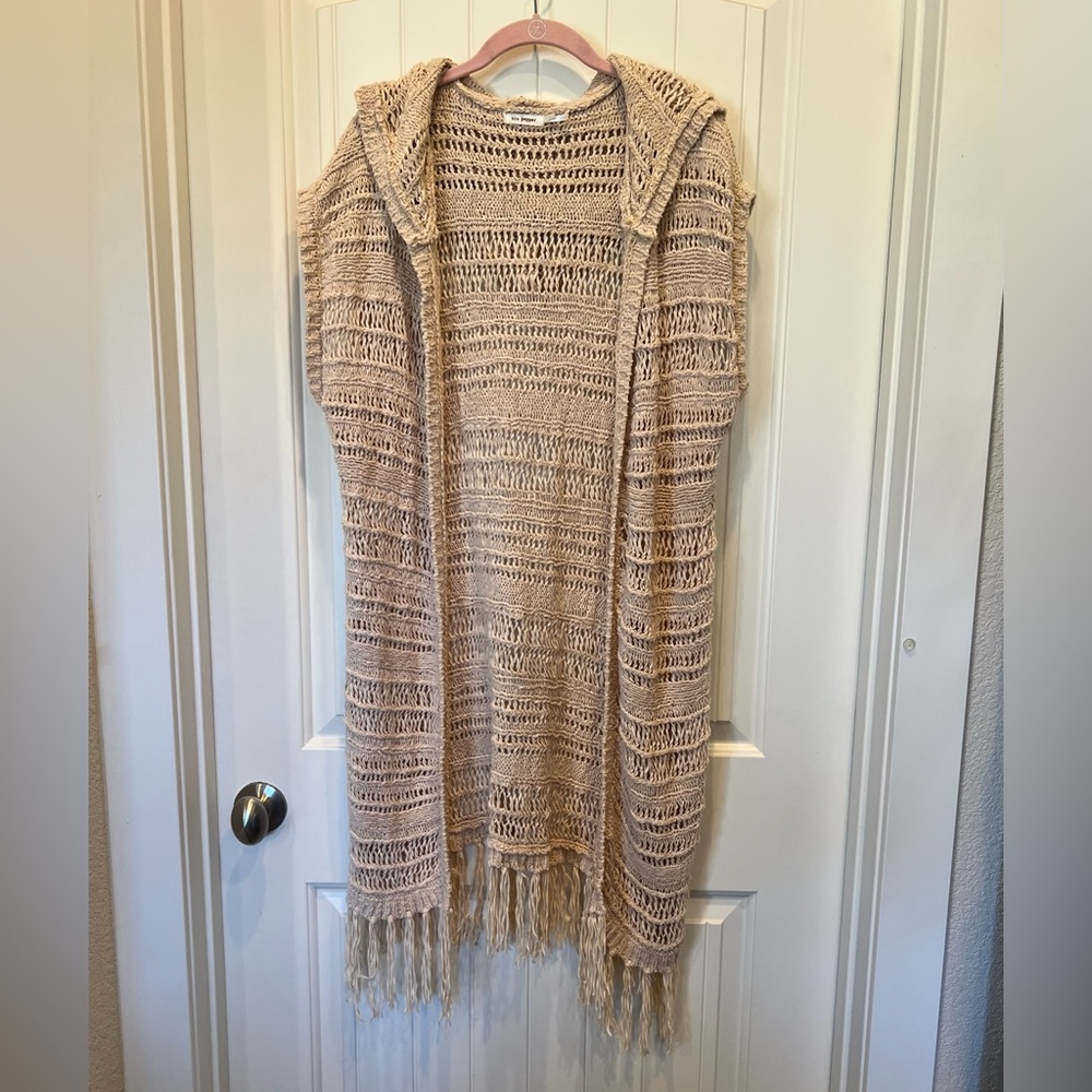 Blu Pepper Tan Hooded Knit Crochet Cardigan Vest Fringe Cotton Blend Size Large